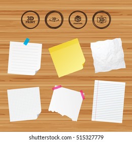 Business paper banners with notes. 3d technology icons. Printer, rotation arrow sign symbols. Print cube. Sticky colorful tape. Vector