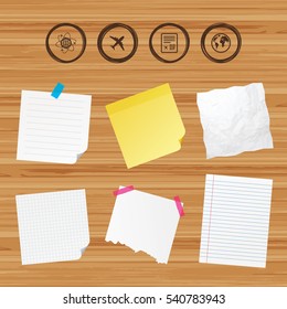 Business paper banners with notes. Airplane icons. World globe symbol. Boarding pass flight sign. Airport ticket with QR code. Sticky colorful tape. Vector