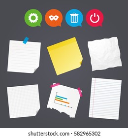 Business paper banners with notes. Anonymous mask and cogwheel gear icons. Recycle bin delete and power sign symbols. Sticky colorful tape. Speech bubbles with icons. Vector