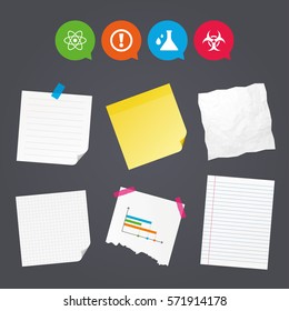 Business paper banners with notes. Attention and biohazard icons. Chemistry flask sign. Atom symbol. Sticky colorful tape. Speech bubbles with icons. Vector