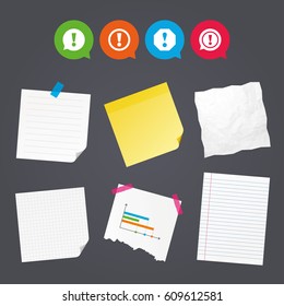 Business paper banners with notes. Attention icons. Exclamation speech bubble symbols. Caution signs. Sticky colorful tape. Speech bubbles with icons. Vector