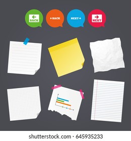 Business paper banners with notes. Back and next navigation signs. Arrow direction icons. Sticky colorful tape. Speech bubbles with icons. Vector