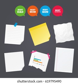 Business paper banners with notes. Best mom and dad, son and daughter icons. Award symbols. Sticky colorful tape. Speech bubbles with icons. Vector