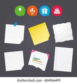 Business paper banners with notes. Birthday party icons. Cake and gift box signs. Air balloons and fireworks rockets symbol. Sticky colorful tape. Speech bubbles with icons. Vector