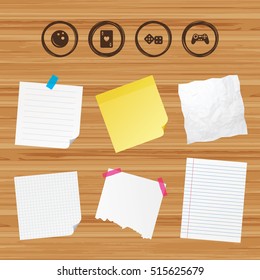 Business paper banners with notes. Bowling and Casino icons. Video game joystick and playing card with dice symbols. Entertainment signs. Sticky colorful tape. Vector