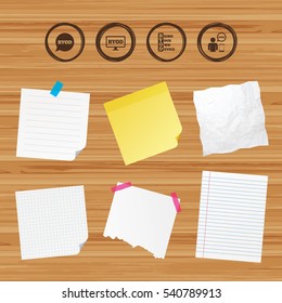 Business paper banners with notes. BYOD icons. Human with notebook and smartphone signs. Speech bubble symbol. Sticky colorful tape. Vector