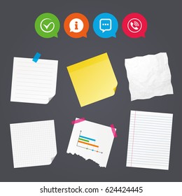 Business paper banners with notes. Check or Tick icon. Phone call and Information signs. Support communication chat bubble symbol. Sticky colorful tape. Speech bubbles with icons. Vector
