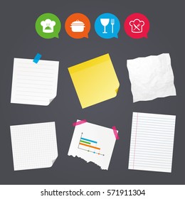Business paper banners with notes. Chief hat and cooking pan icons. Crosswise fork and knife signs. Boil or stew food symbols. Sticky colorful tape. Speech bubbles with icons. Vector