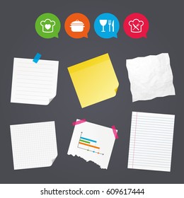 Business paper banners with notes. Chief hat with heart and cooking pan icons. Crosswise fork and knife signs. Boil or stew food symbol. Sticky colorful tape. Speech bubbles with icons. Vector
