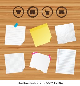 Business paper banners with notes. Clothes icons. T-shirt and bermuda shorts signs. Swimming trunks symbol. Sticky colorful tape. Vector