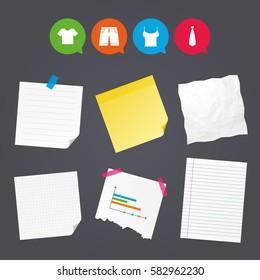 Business paper banners with notes. Clothes icons. T-shirt and bermuda shorts signs. Business tie symbol. Sticky colorful tape. Speech bubbles with icons. Vector
