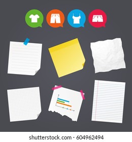 Business paper banners with notes. Clothes icons. T-shirt and pants with shorts signs. Swimming trunks symbol. Sticky colorful tape. Speech bubbles with icons. Vector