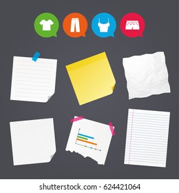 Business paper banners with notes. Clothes icons. T-shirt and pants with shorts signs. Swimming trunks symbol. Sticky colorful tape. Speech bubbles with icons. Vector