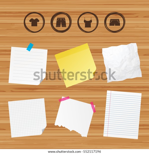 Business paper banners with notes. Clothes icons.\
T-shirt and bermuda shorts signs. Swimming trunks symbol. Sticky\
colorful tape. Vector