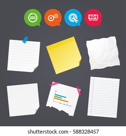 Business paper banners with notes. Coming soon rotate arrow icon. Repair service tool and gear symbols. Wrench sign. 404 Not found. Sticky colorful tape. Speech bubbles with icons. Vector