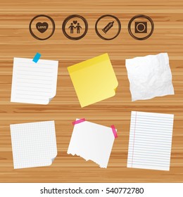 Business paper banners with notes. Condom safe sex icons. Lovers Gay couple signs. Male love male. Heart symbol. Sticky colorful tape. Vector