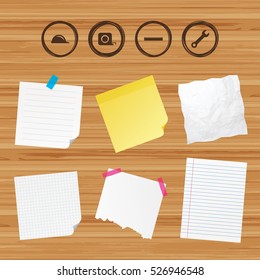 Business paper banners with notes. Construction helmet and wrench key tool icons. Ruler and tape measure roulette sign symbols. Sticky colorful tape. Vector