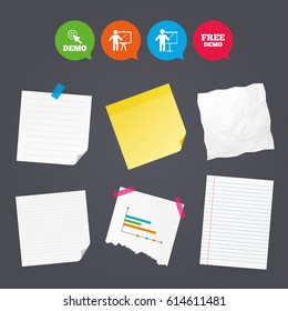 Business paper banners with notes. Demo with cursor icon. Presentation billboard sign. Man standing with pointer symbol. Sticky colorful tape. Speech bubbles with icons. Vector