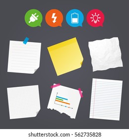 Business paper banners with notes. Electric plug icon. Light lamp and battery half symbols. Low electricity and idea signs. Sticky colorful tape. Speech bubbles with icons. Vector