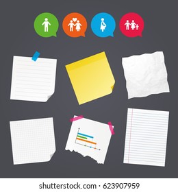 Business paper banners with notes. Family lifetime icons. Couple love, pregnancy and birth of a child symbols. Human male person sign. Sticky colorful tape. Speech bubbles with icons. Vector