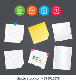 Business paper banners with notes. File refresh icons. Question help and pencil edit symbols. Paper clip attach sign. Sticky colorful tape. Speech bubbles with icons. Vector