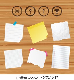 Business paper banners with notes. First place award cup icons. Laurel wreath sign. Torch fire flame symbol. Prize for winner. Sticky colorful tape. Vector