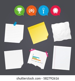 Business paper banners with notes. First place award cup icons. Laurel wreath sign. Torch fire flame symbol. Prize for winner. Sticky colorful tape. Speech bubbles with icons. Vector