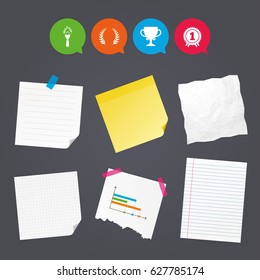 Business paper banners with notes. First place award cup icons. Laurel wreath sign. Torch fire flame symbol. Prize for winner. Sticky colorful tape. Speech bubbles with icons. Vector