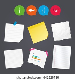 Business paper banners with notes. Fishing icons. Fish with fishermen hook sign. Float bobber symbol. Sticky colorful tape. Speech bubbles with icons. Vector