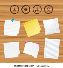 Business paper banners with notes. Food, sleep, camping tent and fire icons. Knife, fork and dish. Hotel or bed and breakfast. Road signs. Sticky colorful tape. Vector