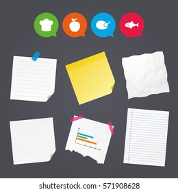 Business paper banners with notes. Food icons. Apple fruit with leaf symbol. Chicken hen bird meat sign. Fish and Chef hat icons. Sticky colorful tape. Speech bubbles with icons. Vector