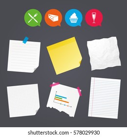 Business paper banners with notes. Food icons. Muffin cupcake symbol. Fork and knife sign. Glass of champagne or wine. Slice of cheese. Sticky colorful tape. Speech bubbles with icons. Vector