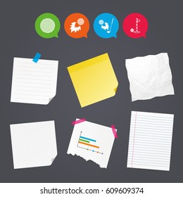 Business paper banners with notes. Golf ball icons. Fireball with club sign. Luxury sport symbol. Sticky colorful tape. Speech bubbles with icons. Vector