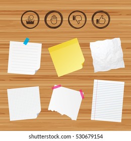 Business paper banners with notes. Hand icons. Like and dislike thumb up symbols. Not machine washable sign. Stop no entry. Sticky colorful tape. Vector