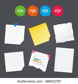 Business paper banners with notes. Hands insurance icons. Money bag savings insurance symbols. Hands protect cash. Currency in dollars, yen, pounds and euro signs. Sticky colorful tape. Vector