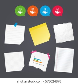 Business paper banners with notes. Handshake icons. World, Smile happy face and house building symbol. Dollar cash money. Amicable agreement. Sticky colorful tape. Speech bubbles with icons. Vector