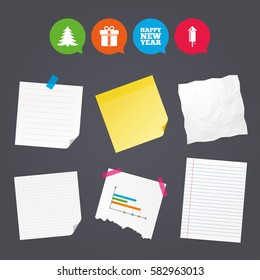 Business paper banners with notes. Happy new year icon. Christmas tree and gift box signs. Fireworks rocket symbol. Sticky colorful tape. Speech bubbles with icons. Vector