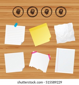 Business paper banners with notes. Head with brain and idea lamp bulb icons. Male human think symbols. Cogwheel gears signs. Sticky colorful tape. Vector