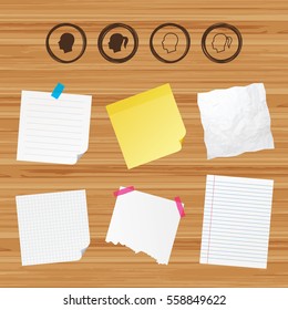 Business paper banners with notes. Head icons. Male and female human symbols. Woman with pigtail signs. Sticky colorful tape. Vector