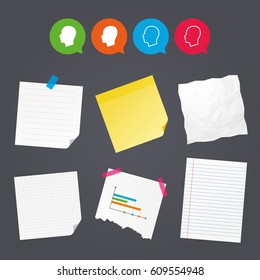 Business paper banners with notes. Head icons. Male and female human sign symbols. Sticky colorful tape. Speech bubbles with icons. Vector