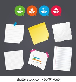 Business paper banners with notes. Helping hands icons. Travel flight or shipping insurance symbol. Palm tree sign. Save nature forest. Sticky colorful tape. Speech bubbles with icons. Vector