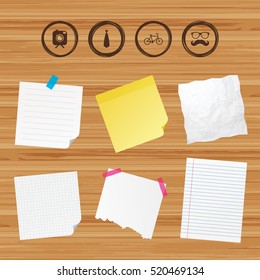 Business paper banners with notes. Hipster photo camera with mustache icon. Glasses and tie symbols. Bicycle family vehicle sign. Sticky colorful tape. Vector