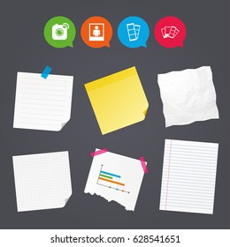 Business paper banners with notes. Hipster photo camera icon. Flash light symbol. Photo booth strips sign. Human portrait photo frame. Sticky colorful tape. Speech bubbles with icons. Vector