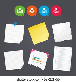 Business paper banners with notes. Honey bees icons. Bumblebees symbols. Flying insects with sting signs. Sticky colorful tape. Speech bubbles with icons. Vector