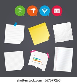 Business paper banners with notes. Hotel services icons. Wi-fi, Hairdryer and deposit lock in room signs. Wireless Network. Hairdresser or barbershop symbol. Sticky colorful tape. Vector