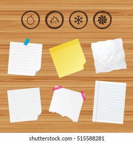 Business paper banners with notes. HVAC icons. Heating, ventilating and air conditioning symbols. Water supply. Climate control technology signs. Sticky colorful tape. Vector