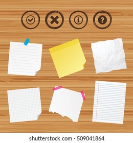 Business paper banners with notes. Information icons. Delete and question FAQ mark signs. Approved check mark symbol. Sticky colorful tape. Vector