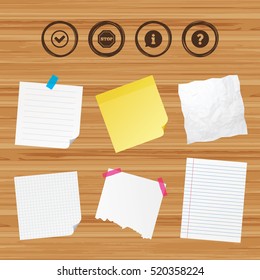 Business paper banners with notes. Information icons. Stop prohibition and question FAQ mark signs. Approved check mark symbol. Sticky colorful tape. Vector