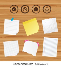 Business paper banners with notes. Information icons. Stop prohibition and attention caution signs. Approved check mark symbol. Sticky colorful tape. Vector