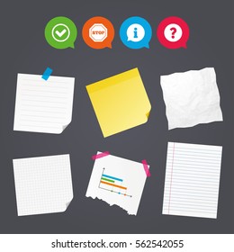 Business paper banners with notes. Information icons. Stop prohibition and question FAQ mark signs. Approved check mark symbol. Sticky colorful tape. Speech bubbles with icons. Vector